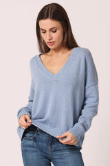 Minnie Rose Cotton Cashmere Boxy V Neck Top Blue Haze