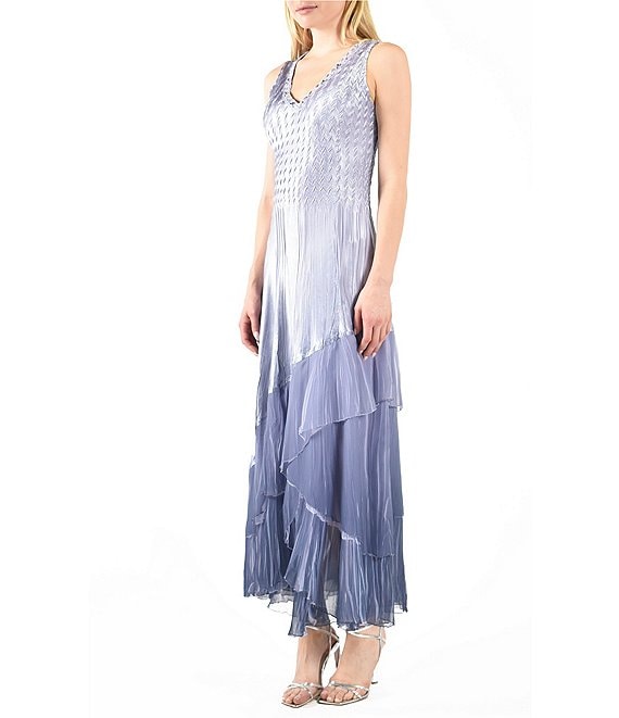 Komarov - Ruffle Colorblock V-Neck Maxi Dress - Lavender Blue Ombre