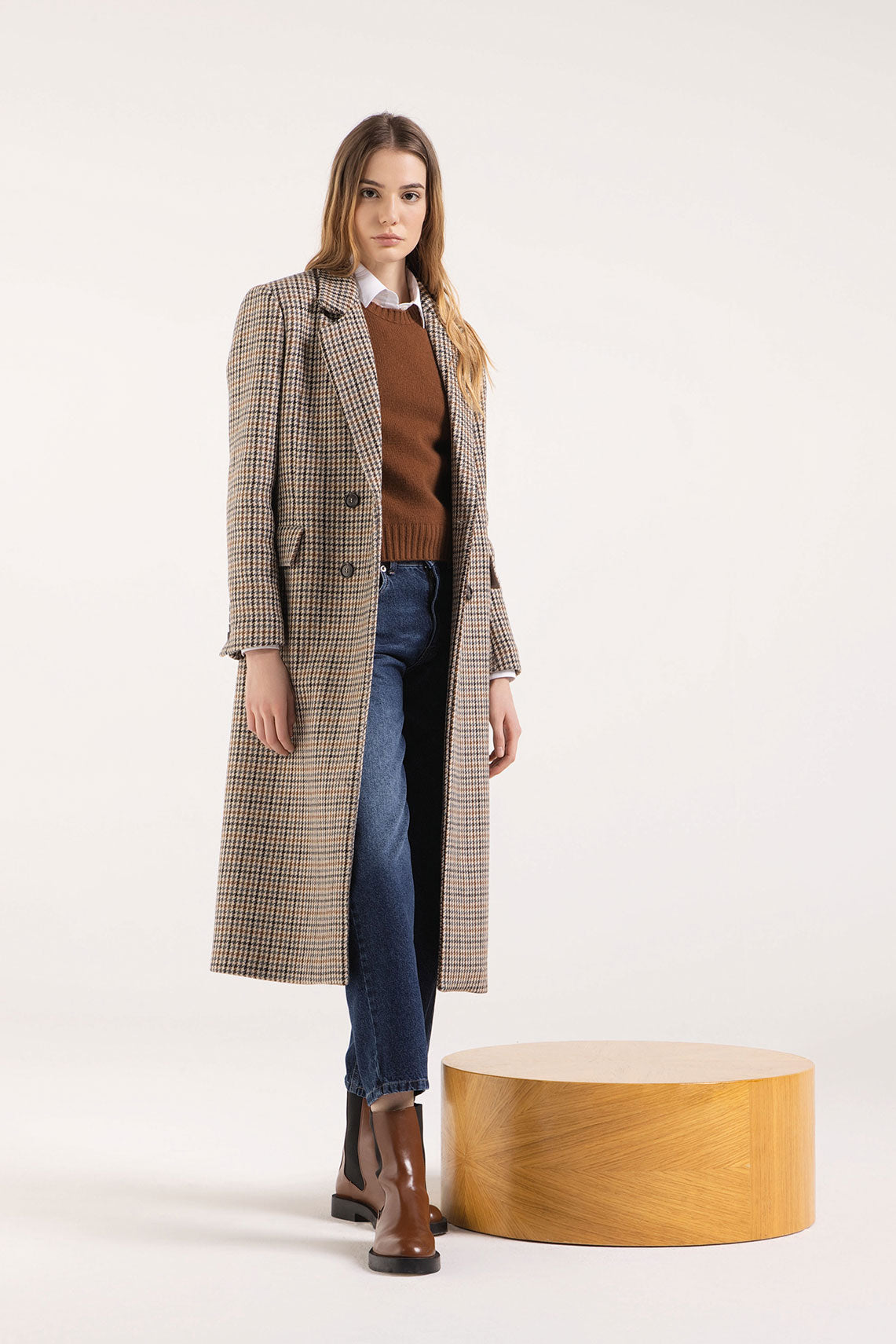 Purotatto- Long Check Coat- Camel/Blue/Grey