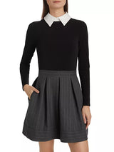 Alice + Olivia - Chara Long Sleeve Pleated Dress w Collar - Charcoal/White