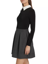 Alice + Olivia - Chara Long Sleeve Pleated Dress w Collar - Charcoal/White