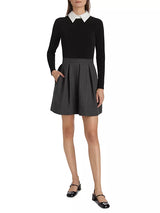 Alice + Olivia - Chara Long Sleeve Pleated Dress w Collar - Charcoal/White