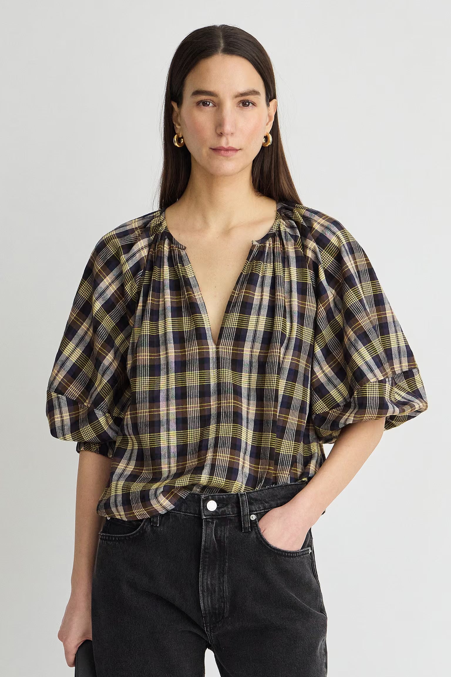 Marie Oliver- Nele Lantern Sleeve Top- Basket Weave Plaid