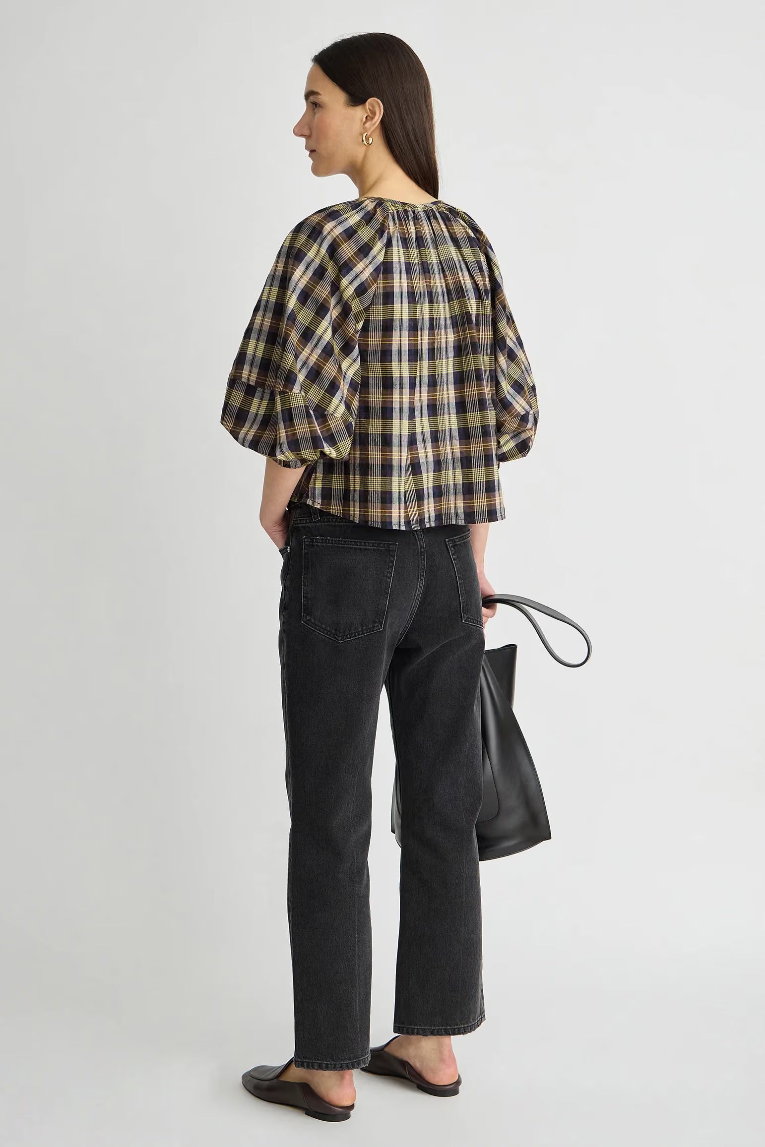 Marie Oliver- Nele Lantern Sleeve Top- Basket Weave Plaid