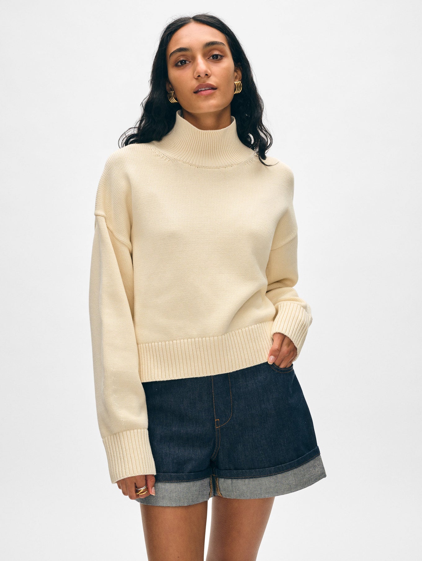 White + Warren - Organic Cotton Cropped Standneck - Ecru
