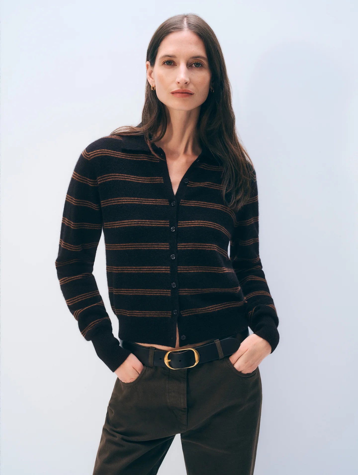 White + Warren- Cashmere Striped Cardigan- Black/ Cedarwood