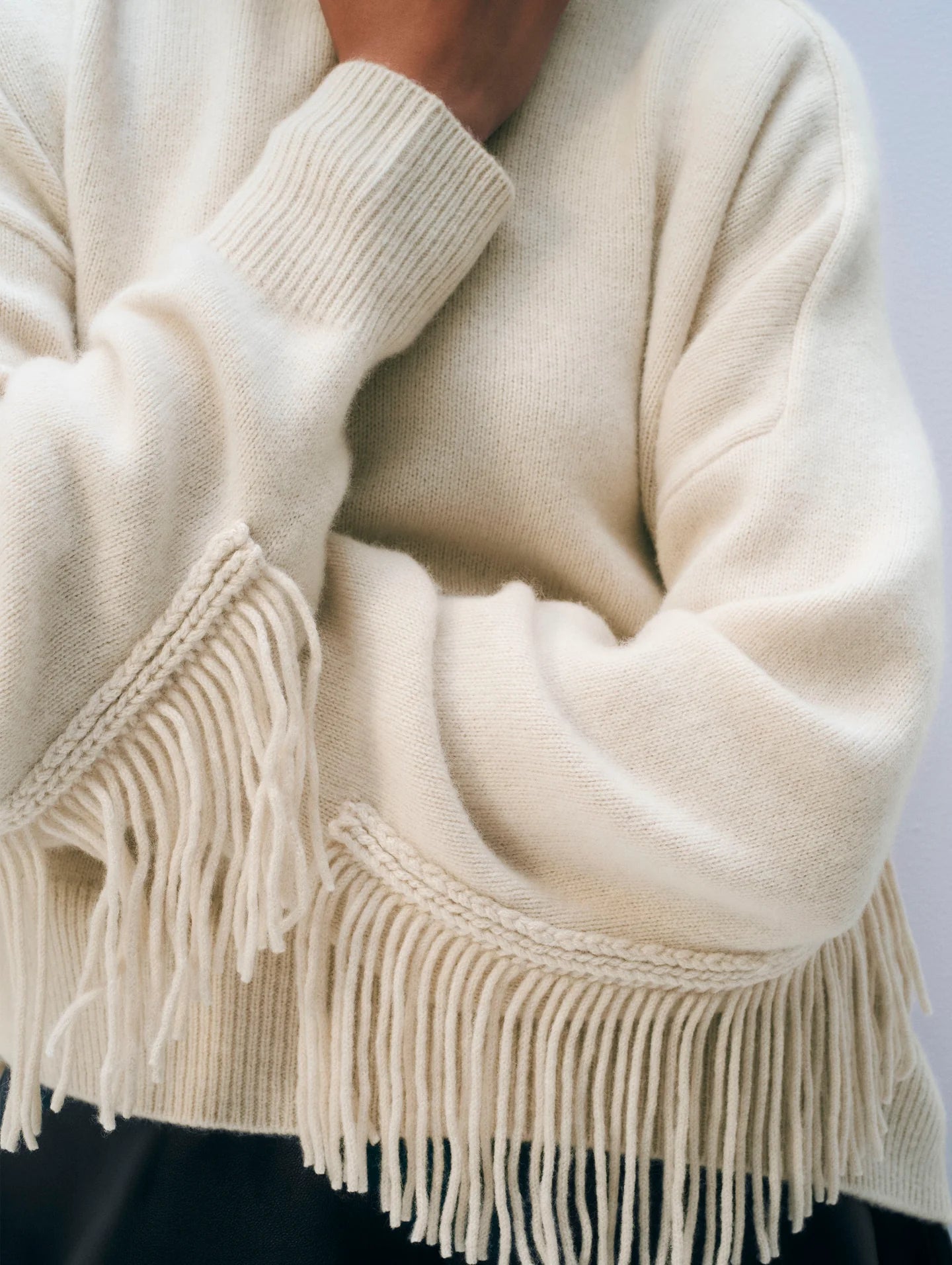 White & Warren Cashmere blend fringe crewneck
