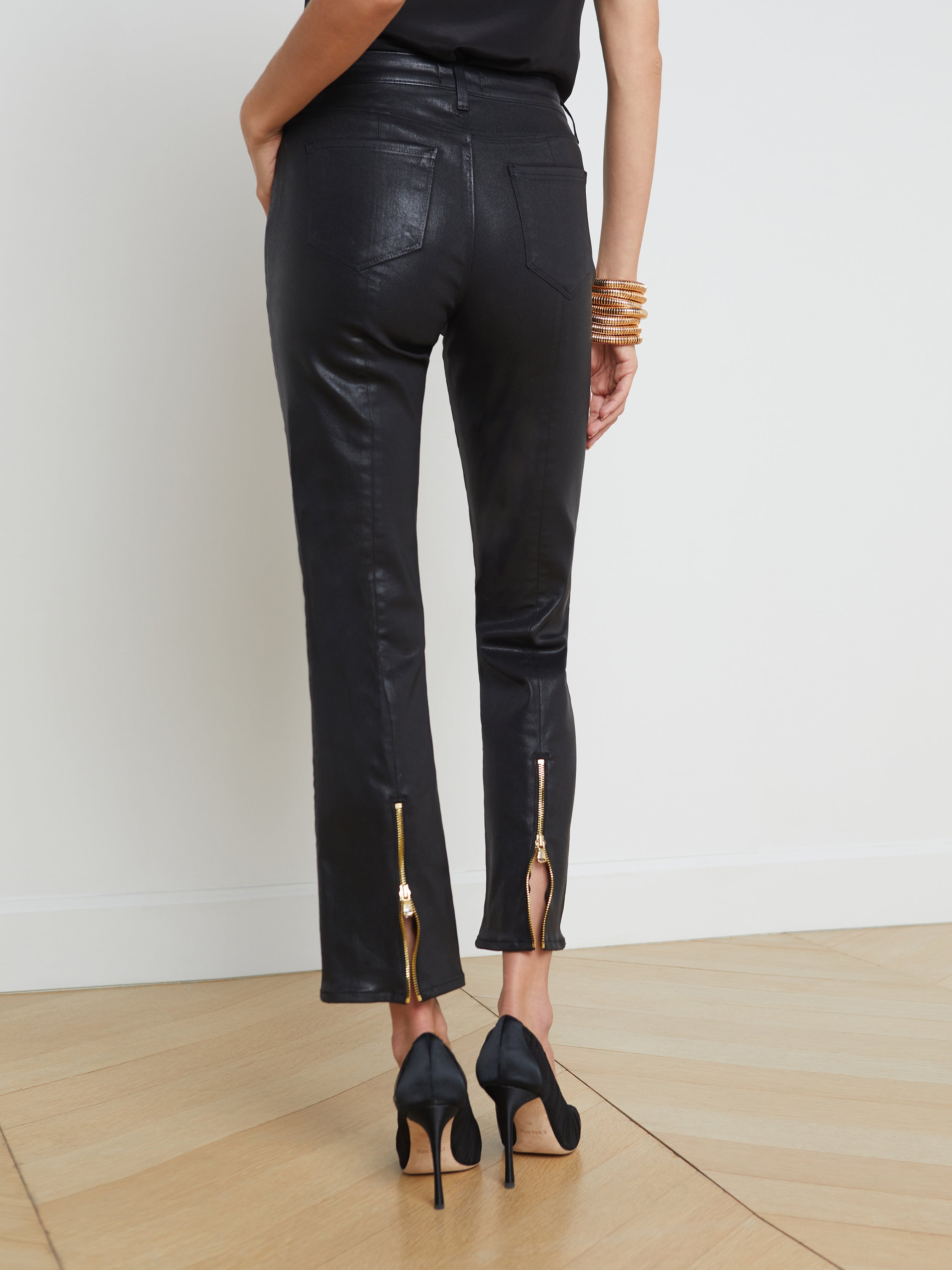 L'Agence - Ginny High Rise Straight Coated Jean - Noir Coated