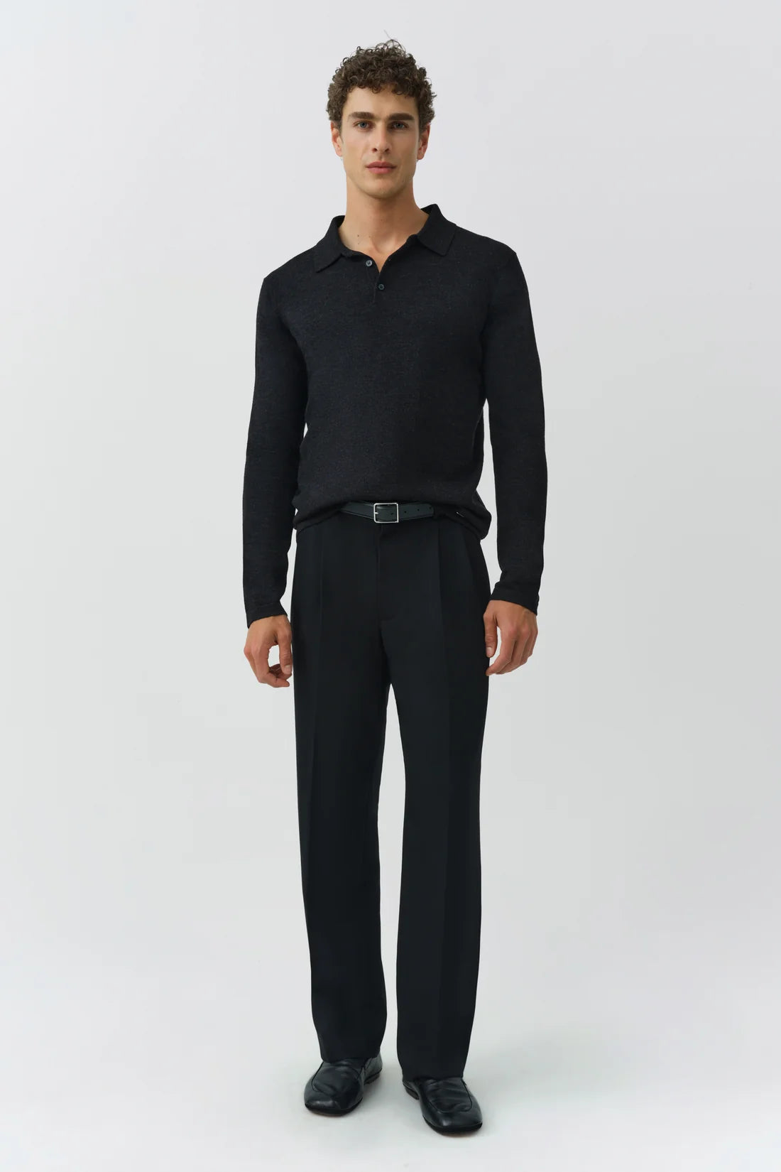 SIMKHAI - Reynolds Long Sleeve Polo - Dark Charcoal Melange