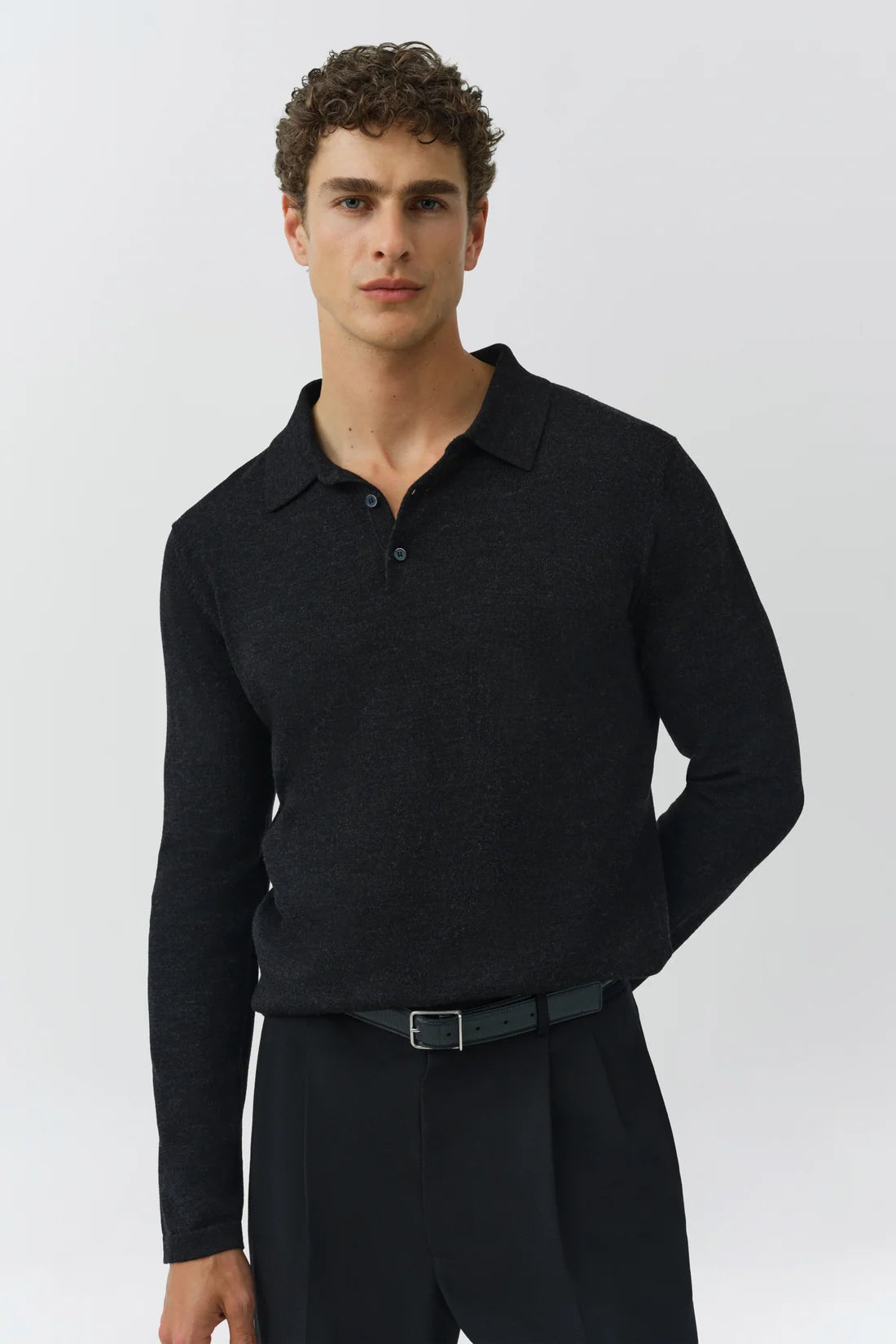 SIMKHAI - Reynolds Long Sleeve Polo - Dark Charcoal Melange