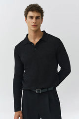 SIMKHAI - Reynolds Long Sleeve Polo - Dark Charcoal Melange