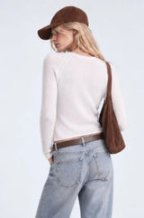 Minnie Rose - Sheer Luxury Raglan Crew w Rolled Trims - White