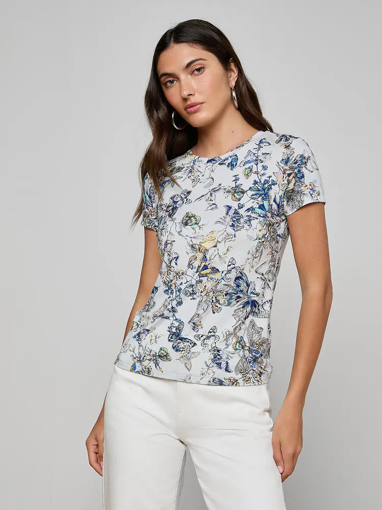 L'AGENCE Women's Ressi S/S Crew T-Shirt in Watercolor Butterfly