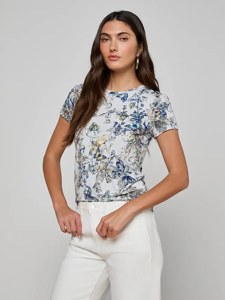 L'AGENCE Women's Ressi S/S Crew T-Shirt in Watercolor Butterfly