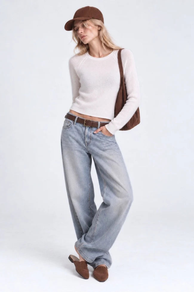 Minnie Rose - Sheer Luxury Raglan Crew w Rolled Trims - White