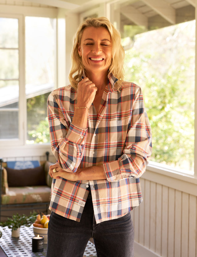 Frank & Eileen - Eileen Italian Flannel Relaxed Button-Up - Camel and Navy with Orange Plaid Shirt