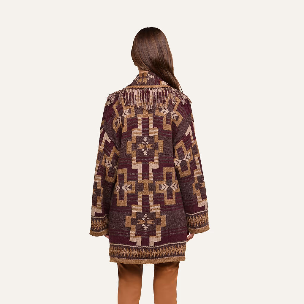 L'AGENCE- Jair Jacquard Fringe Cardigan- Java Burgundy Multi