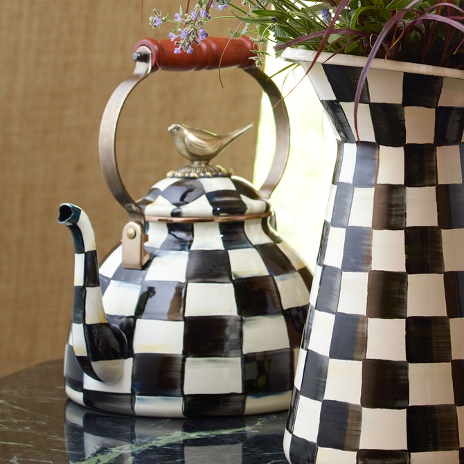 MacKenzie-Childs Courtly Check 3 Quart - Tea Kettle with Bird