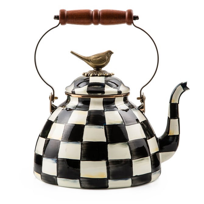 MacKenzie-Childs Courtly Check 3 Quart - Tea Kettle with Bird