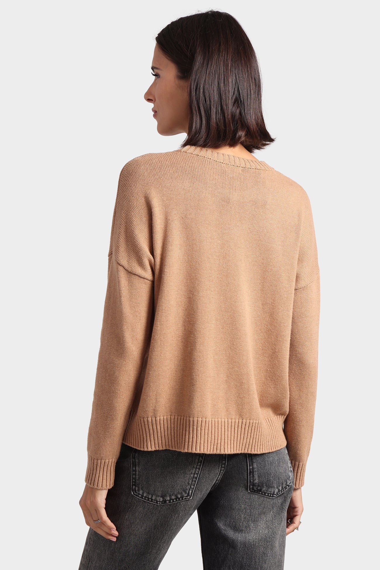 Minnie Rose Cotton Cashmere Boxy Crew Neck Top Camel