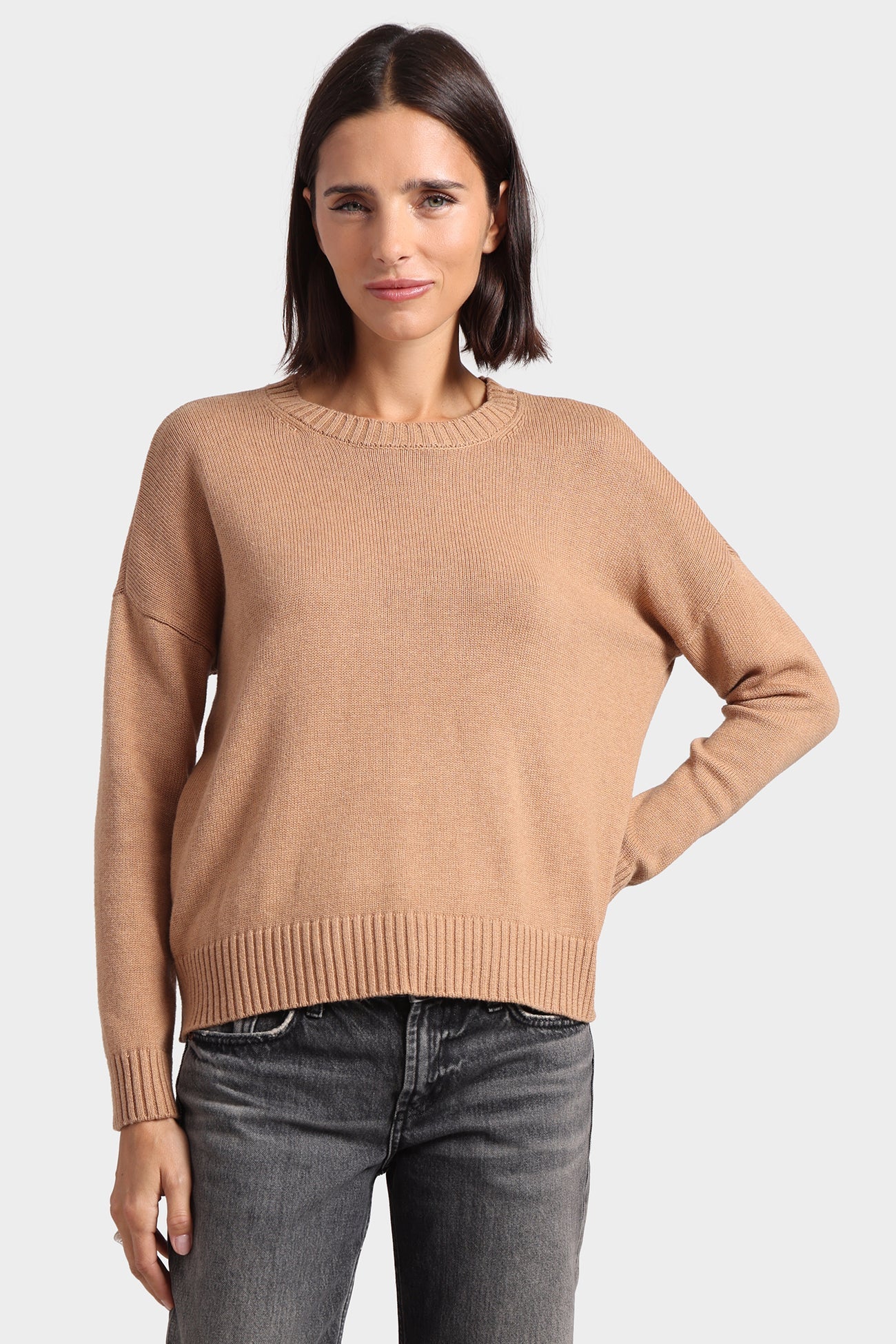Minnie Rose Cotton Cashmere Boxy Crew Neck Top Camel