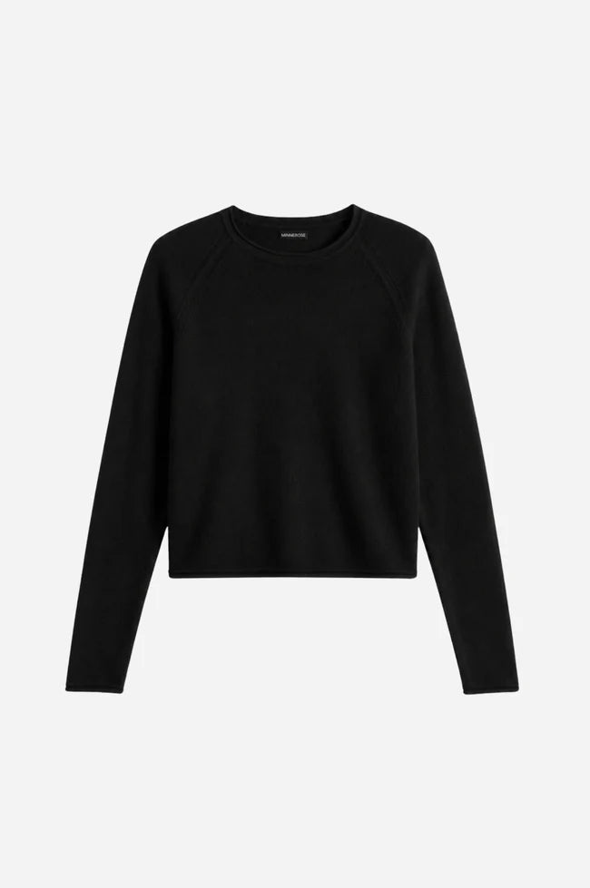 Minnie Rose - Sheer Luxury Raglan Crew w Rolled Trims - Black