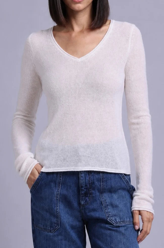 Minnie Rose- LS V Neck w Rolled Trim- White