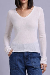 Minnie Rose- LS V Neck w Rolled Trim- White