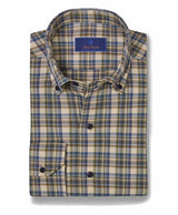 David Donahue - Olive Herringbone Plaid Sport Shirt  - Green/Multi