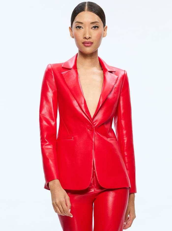 Alice + Olivia - Macey Fitted Vegan Leather Blazer - Bright Ruby