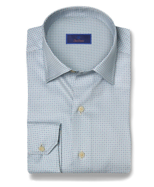 David Donahue - Hidden Button Down Shirt - Green & Sky Geometric Print