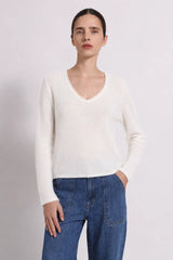 Minnie Rose- LS V Neck w Rolled Trim- White