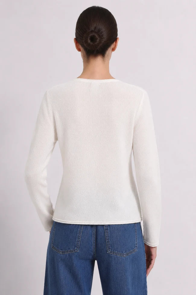 Minnie Rose- LS V Neck w Rolled Trim- White