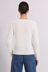 Minnie Rose- LS V Neck w Rolled Trim- White