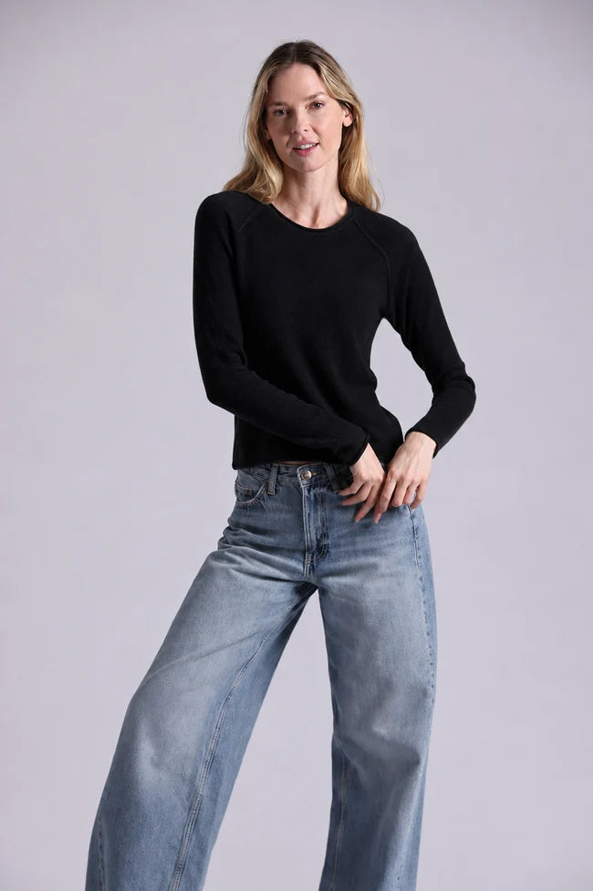 Minnie Rose - Sheer Luxury Raglan Crew w Rolled Trims - Black