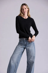 Minnie Rose - Sheer Luxury Raglan Crew w Rolled Trims - Black