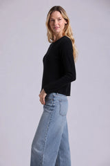 Minnie Rose - Sheer Luxury Raglan Crew w Rolled Trims - Black