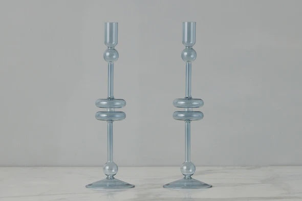 Denim Glass Candlestick Pair  - Large