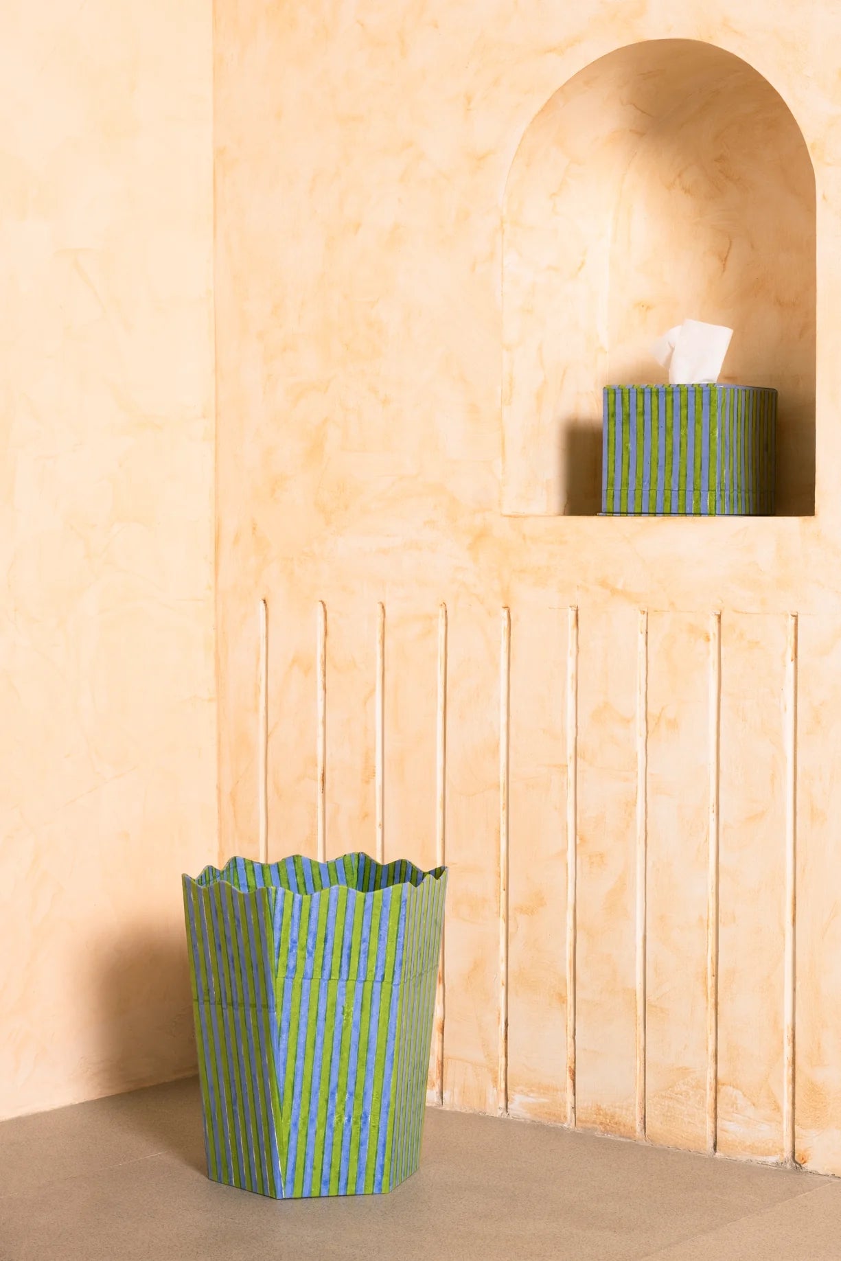 Inner Child   Scallop Waste Bin / Storage Bin in Green and Blue Stripes