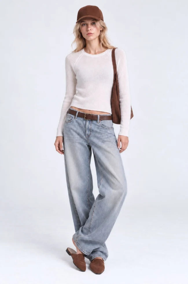 Minnie Rose - Sheer Luxury Raglan Crew w Rolled Trims - White