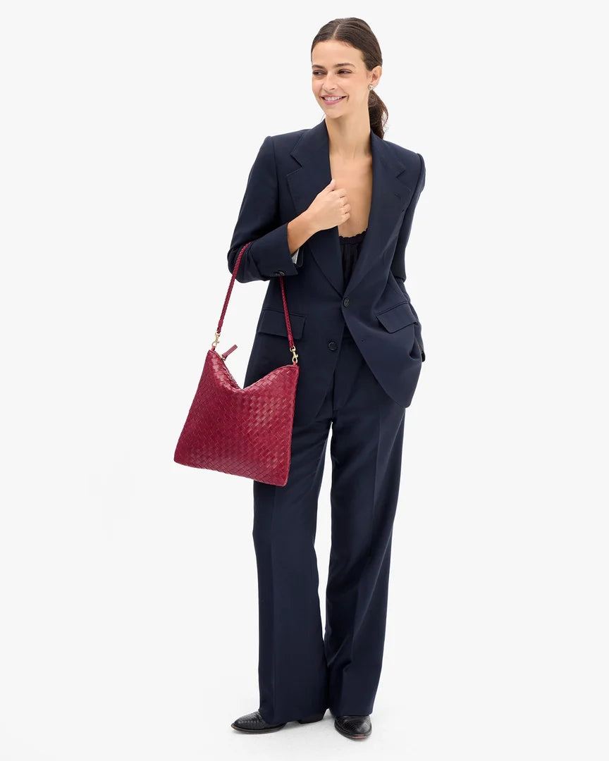Clare V.- Foldover Clutch Medium Woven Diagonal Strap Bag- Garnet