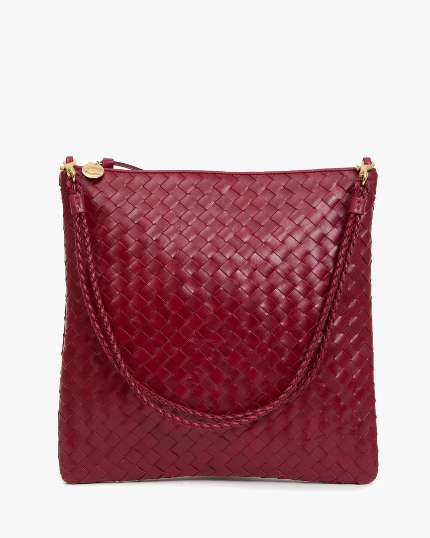 Clare V.- Foldover Clutch Medium Woven Diagonal Strap Bag- Garnet