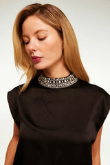 MISA Riley Top Black Satin Crystals