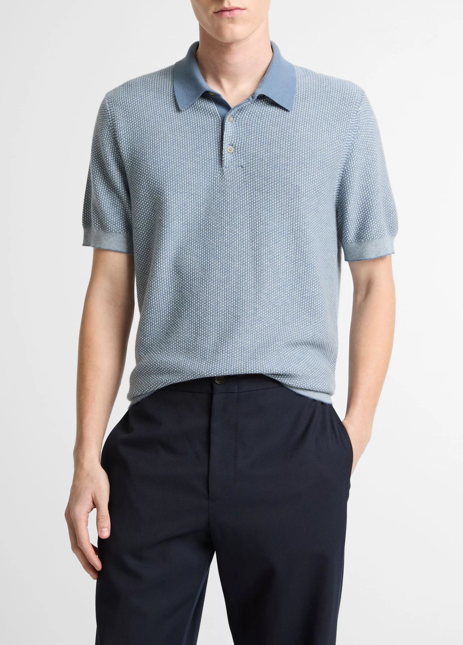 Vince Mens Geo Jacquard S/S Polo Uniform Blue/ Classic Cream