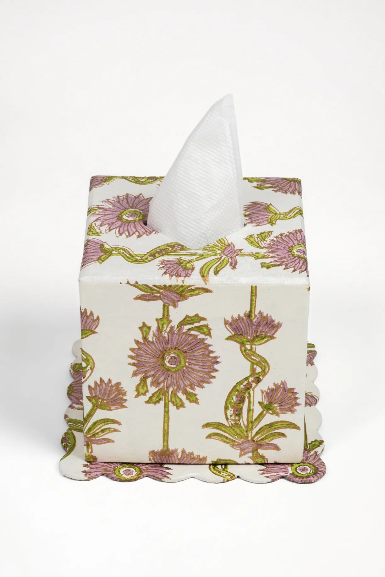Inner Child Floral Vines Blockprint Scallop Tissue Box in Lilac