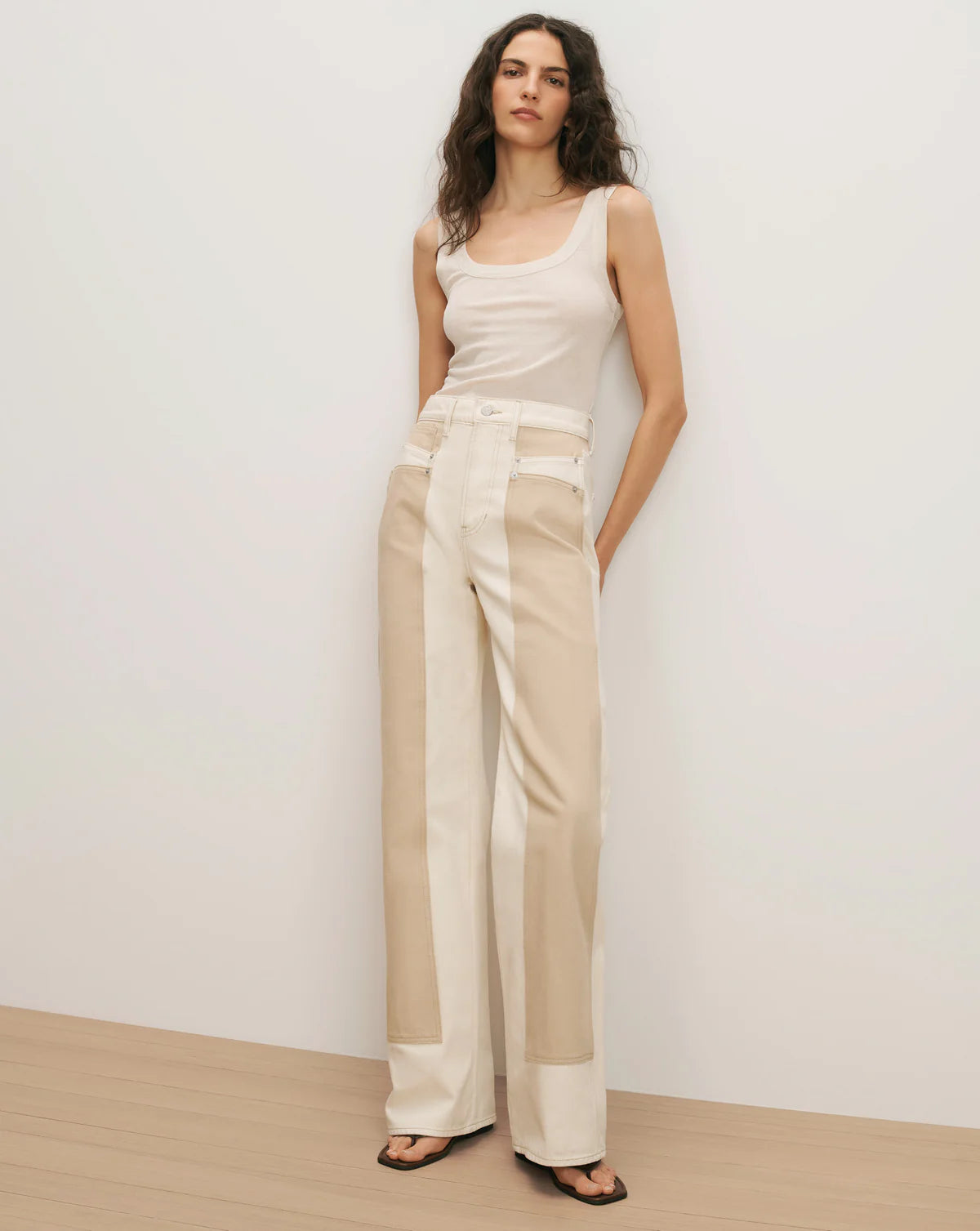 Veronica Beard Taylor High Rise Wide Leg in Ecru/ Stone Khaki