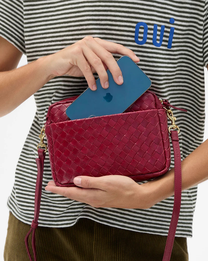 Clare V.- Midi Sac w/ Pocket Medium Woven Diagonal- Garnet