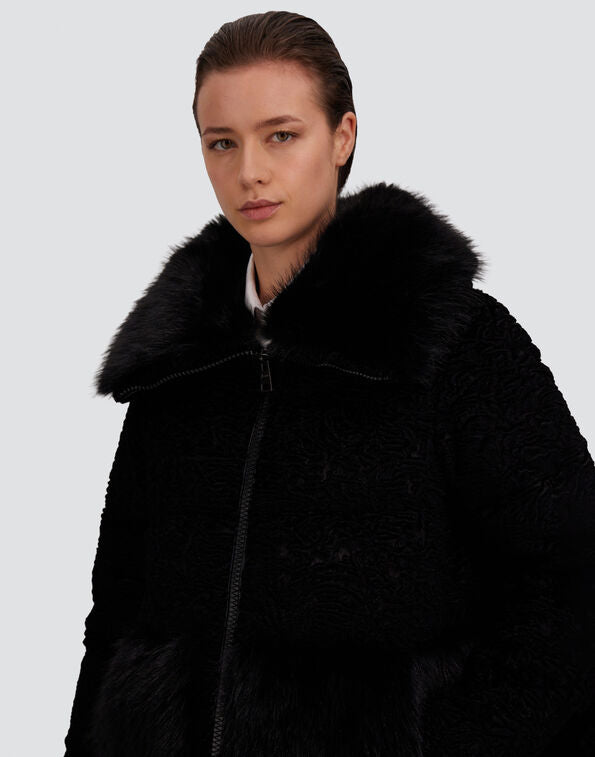 Herno- Faux Astrakhan Mixed Media Puffer Coat- Black