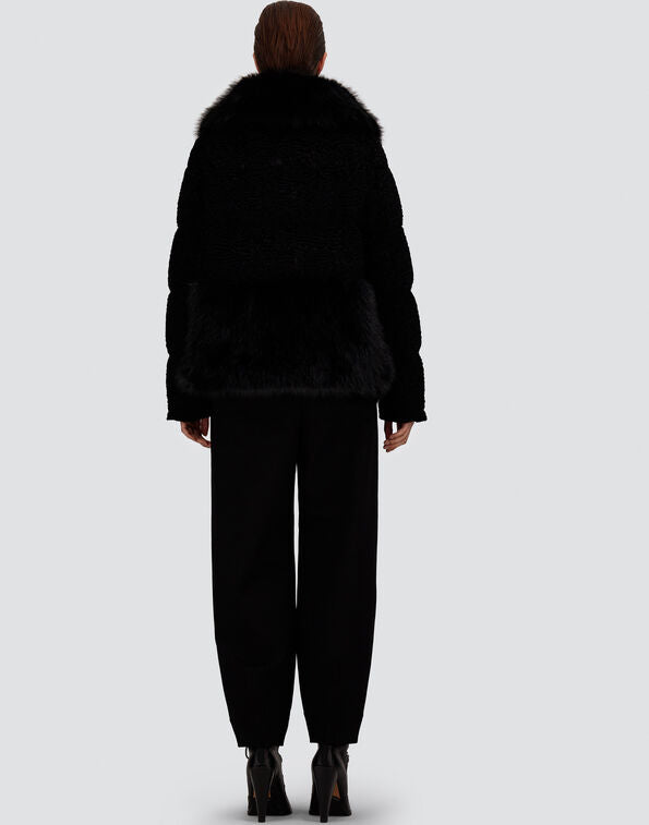 Herno- Faux Astrakhan Mixed Media Puffer Coat- Black