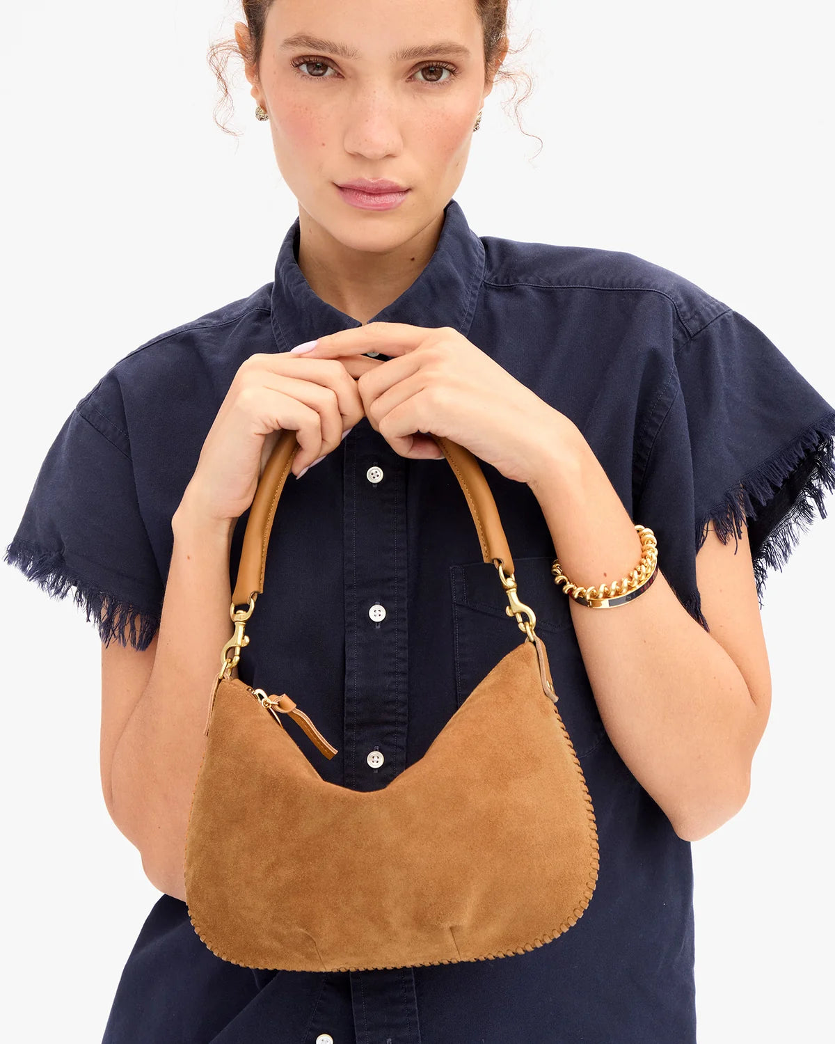 Clare V.- Petit Moyen Messenger Suede w/ Whipstich- Carmel
